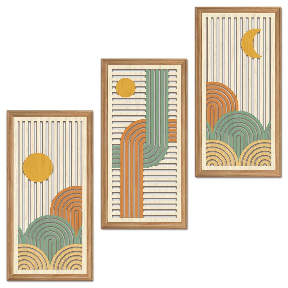 7507 3 Pcs Boho Abstract Wood Wall Art Modern Geometric Artwork Bohemian